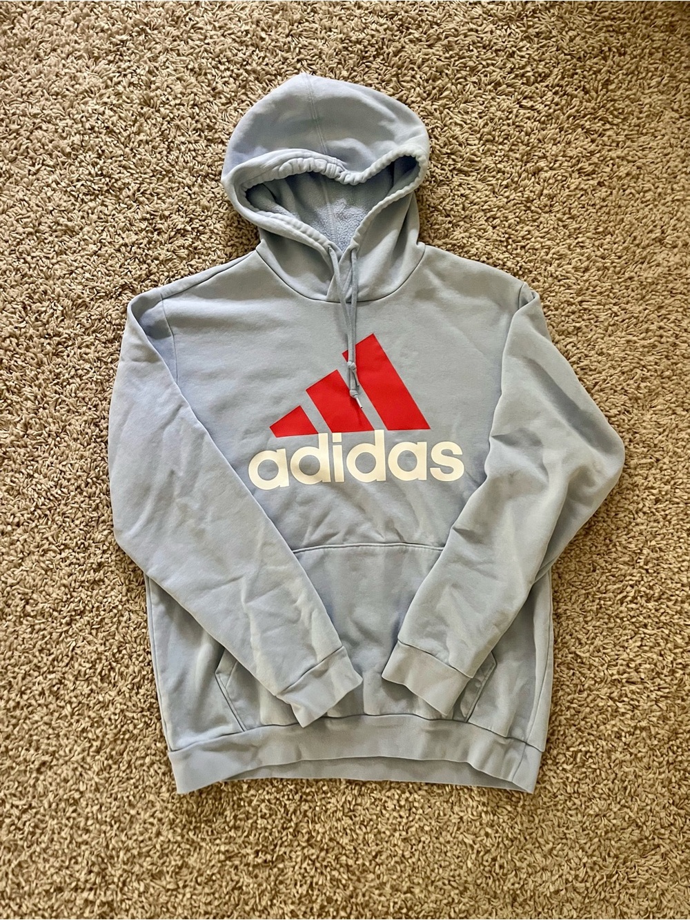 adidas Light Blue Pullover Hoodie with Red Logo Size Medium